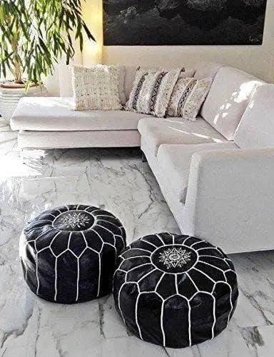 set of 2 Black Leather Poufs - Ettilux Home